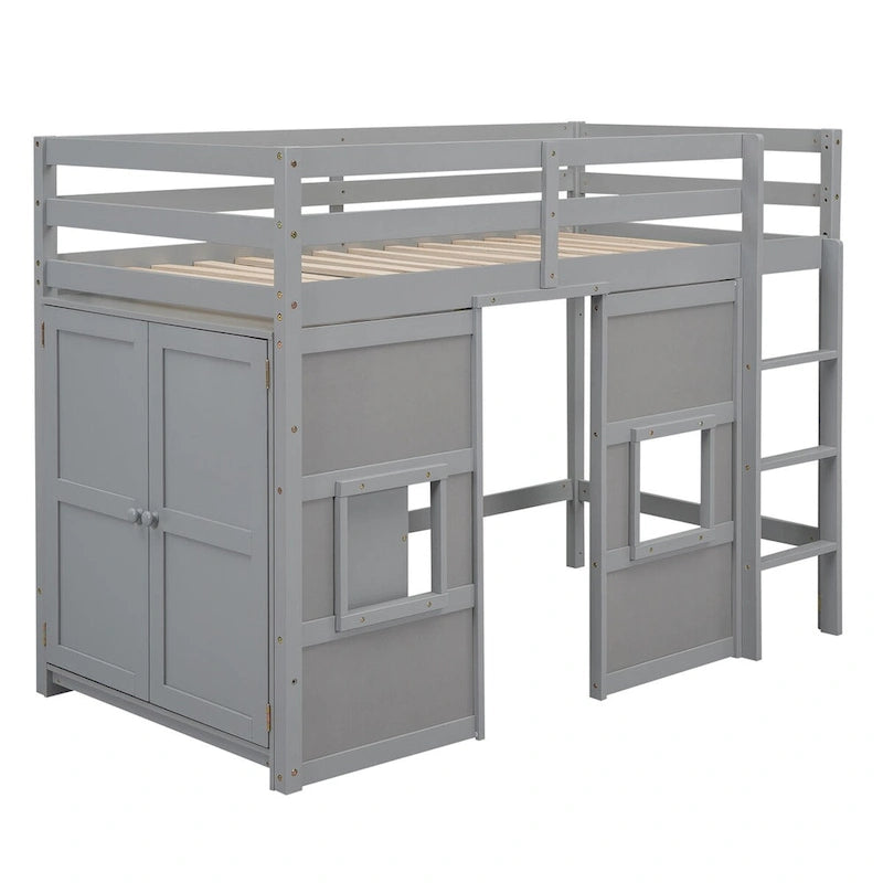 Twin Loft Bed with Wardrobe Kids Loft Bed with 2 Windows Twin Size Wood Playhouse Loft Bed Frame