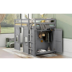 Twin Loft Bed with Wardrobe Kids Loft Bed with 2 Windows Twin Size Wood Playhouse Loft Bed Frame