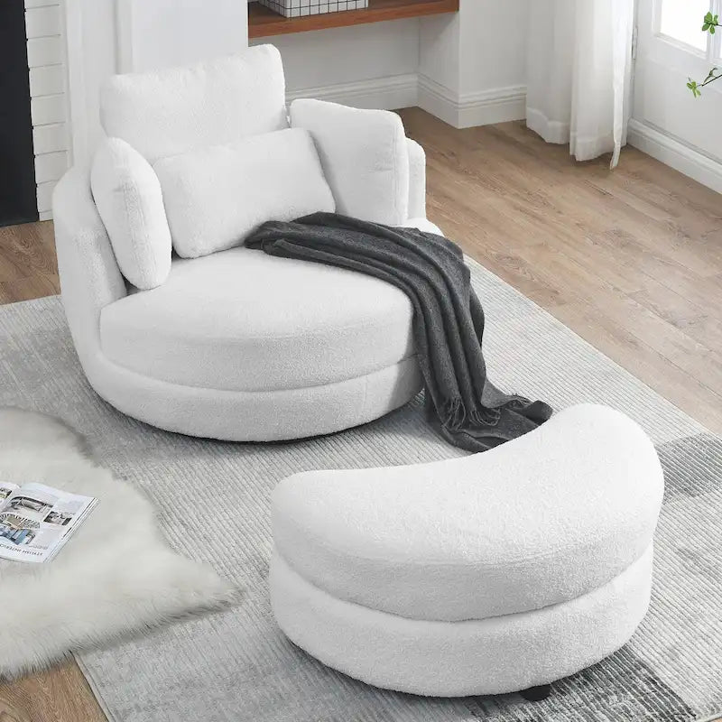 39 W Oversized Swivel Chair,moon storage ottoman,Loveseat Circle Swivel Barrel Chairs Cuddle Sofa Lounger Armchair,4 Pillows
