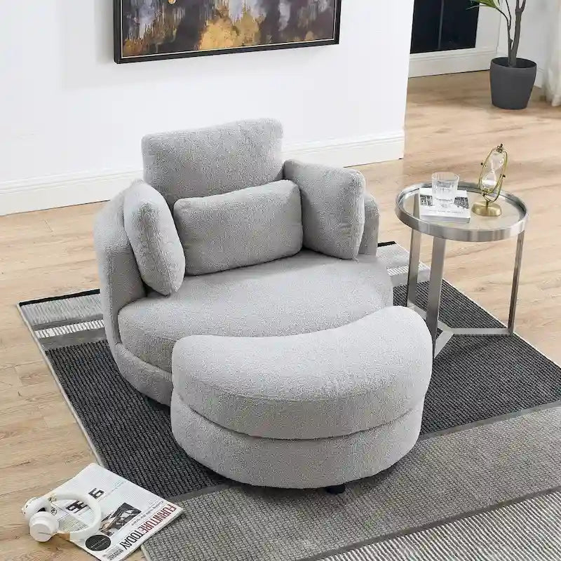 39 W Oversized Swivel Chair,moon storage ottoman,Loveseat Circle Swivel Barrel Chairs Cuddle Sofa Lounger Armchair,4 Pillows