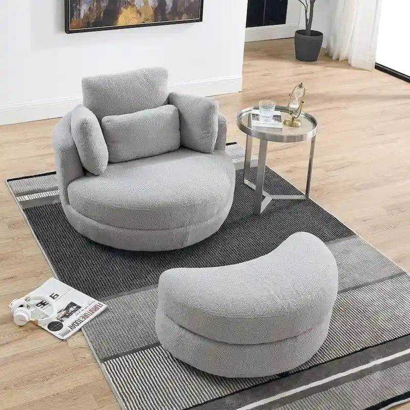 39 W Oversized Swivel Chair,moon storage ottoman,Loveseat Circle Swivel Barrel Chairs Cuddle Sofa Lounger Armchair,4 Pillows