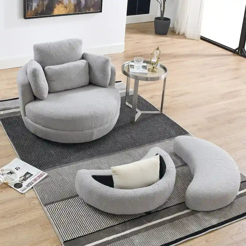 39 W Oversized Swivel Chair,moon storage ottoman,Loveseat Circle Swivel Barrel Chairs Cuddle Sofa Lounger Armchair,4 Pillows