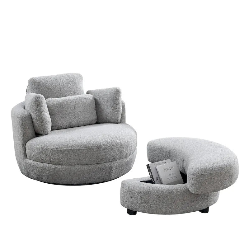 39 W Oversized Swivel Chair,moon storage ottoman,Loveseat Circle Swivel Barrel Chairs Cuddle Sofa Lounger Armchair,4 Pillows