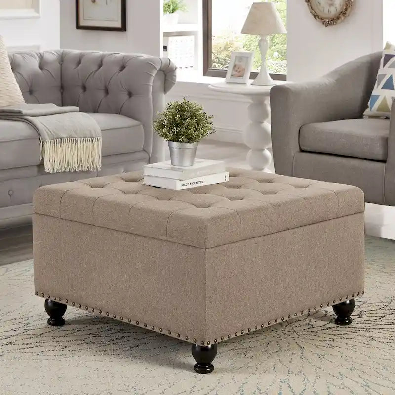 Large Square Storage Ottoman Upholstered Button Tufted Coffee Table - 30 W x 30 D x 18 H.