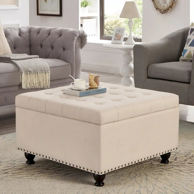 Large Square Storage Ottoman Upholstered Button Tufted Coffee Table - 30 W x 30 D x 18 H.
