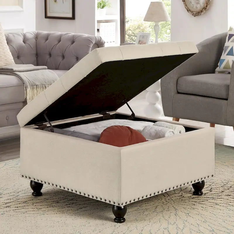 Large Square Storage Ottoman Upholstered Button Tufted Coffee Table - 30 W x 30 D x 18 H.