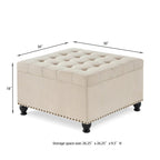 Large Square Storage Ottoman Upholstered Button Tufted Coffee Table - 30 W x 30 D x 18 H.