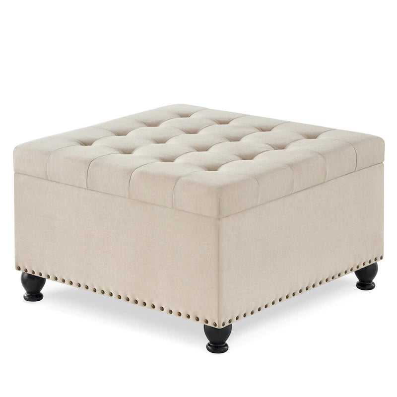 Large Square Storage Ottoman Upholstered Button Tufted Coffee Table - 30 W x 30 D x 18 H.