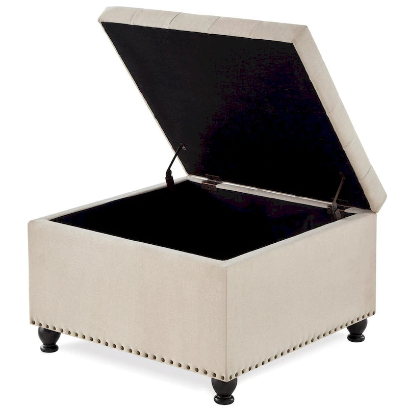 Large Square Storage Ottoman Upholstered Button Tufted Coffee Table - 30 W x 30 D x 18 H.