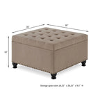 Large Square Storage Ottoman Upholstered Button Tufted Coffee Table - 30 W x 30 D x 18 H.