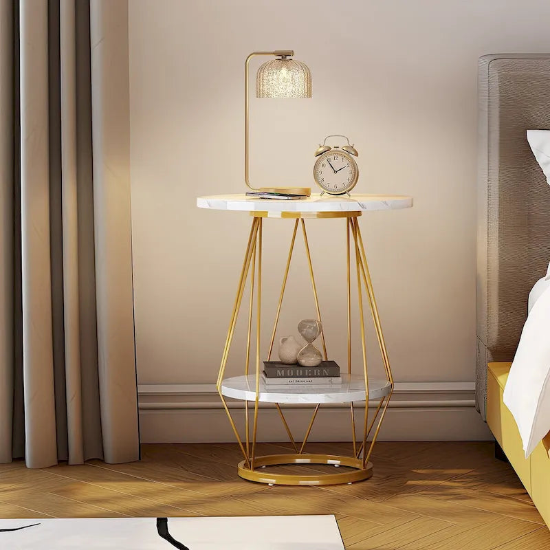 Moasis 2-Tier Round End Side Table Faux Marble Top for Living Room