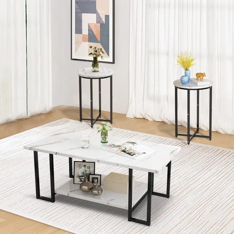 Grondin Modern Style 3-Piece Coffee Table Set with 2 End Table, Living Room Table Set of 3 with Faux Marble Tabletop