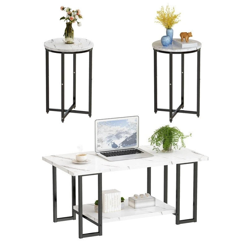 Grondin Modern Style 3-Piece Coffee Table Set with 2 End Table, Living Room Table Set of 3 with Faux Marble Tabletop