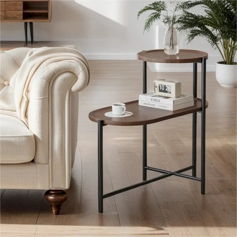 2-tier Modern Round End Table with Wood Storage Shelf