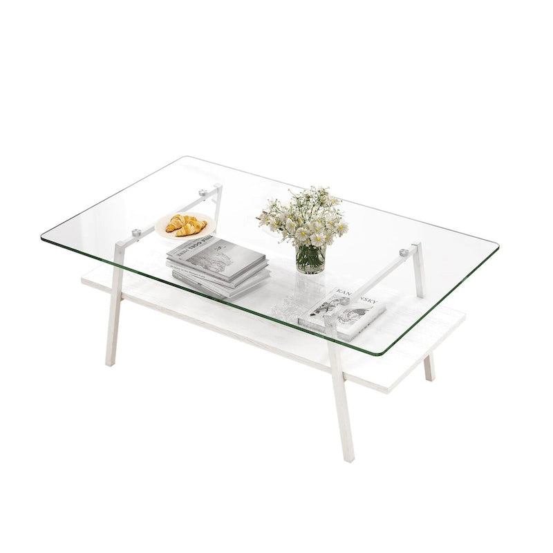 Rectangle Coffee Table,Tempered Glass Tabletop with White Metal Legs,Modern Table for Living Room,Transparent Glass