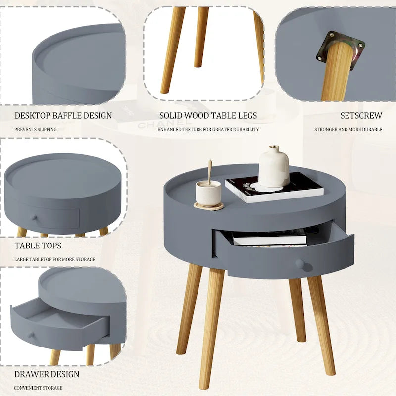 Modern Coffee Table with Drawer, Bedside Table, Sofa Side Table, Oak Table Legs, Suitable for Living Room and Bedroom