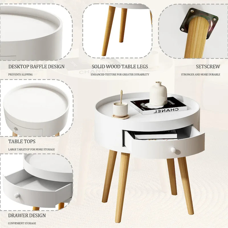 Modern Coffee Table with Drawer, Bedside Table, Sofa Side Table, Oak Table Legs, Suitable for Living Room and Bedroom