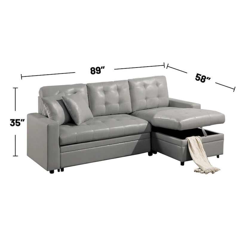 Faux Leather Convertible Sectional with Storage Space in Light Gray