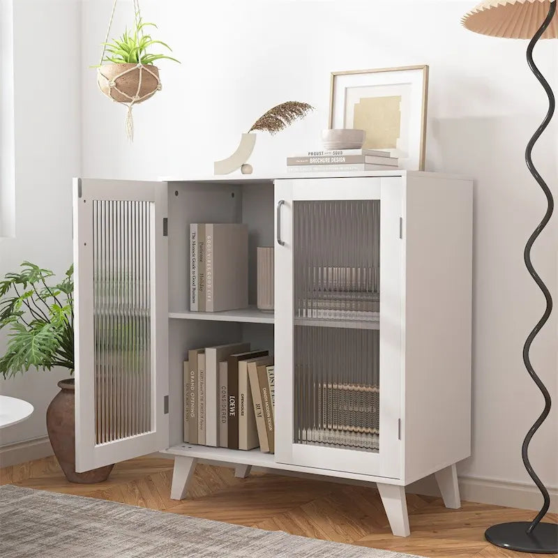 Modern Storage Cabinet with 2 Glass Doors and Adjustable Shelf