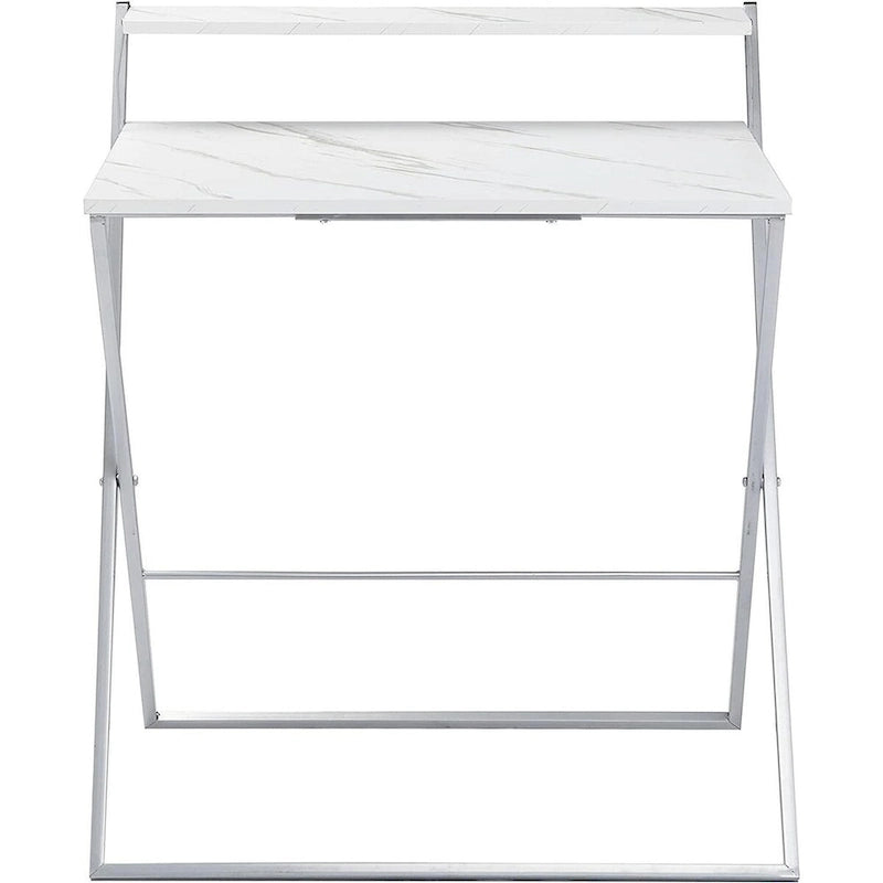 Urban Shop No Tools Assembly Foldable 2 Tier Compact Computer Desk, Marble Top with Silver Frame