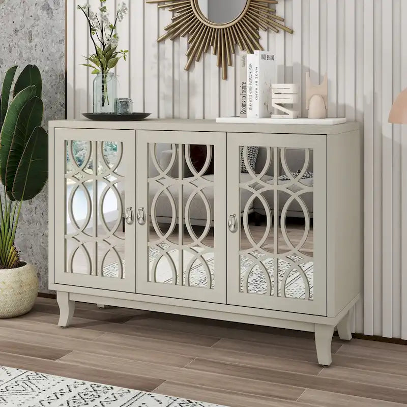 3 Door Mirrored Buffet Cabinet with Silver Handle for Living room and Dining