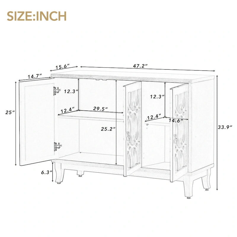 3 Door Mirrored Buffet Cabinet with Silver Handle for Living room and Dining