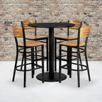 36  Round Laminate Table Set with 4 Metal Barstools - Natural Wood Seat