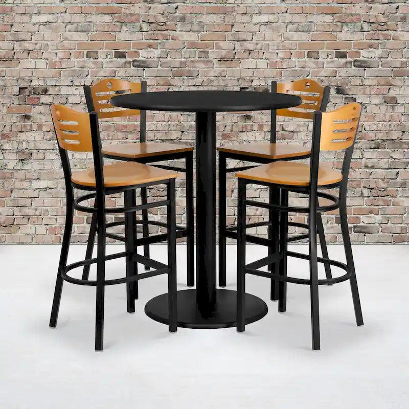 36  Round Laminate Table Set with 4 Metal Barstools - Natural Wood Seat