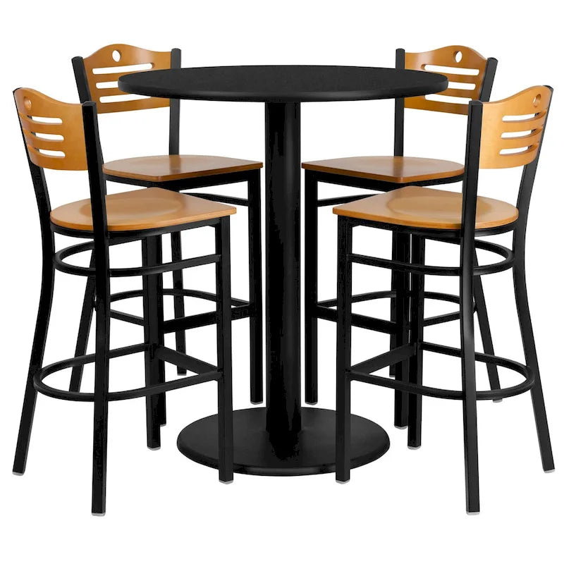 36  Round Laminate Table Set with 4 Metal Barstools - Natural Wood Seat
