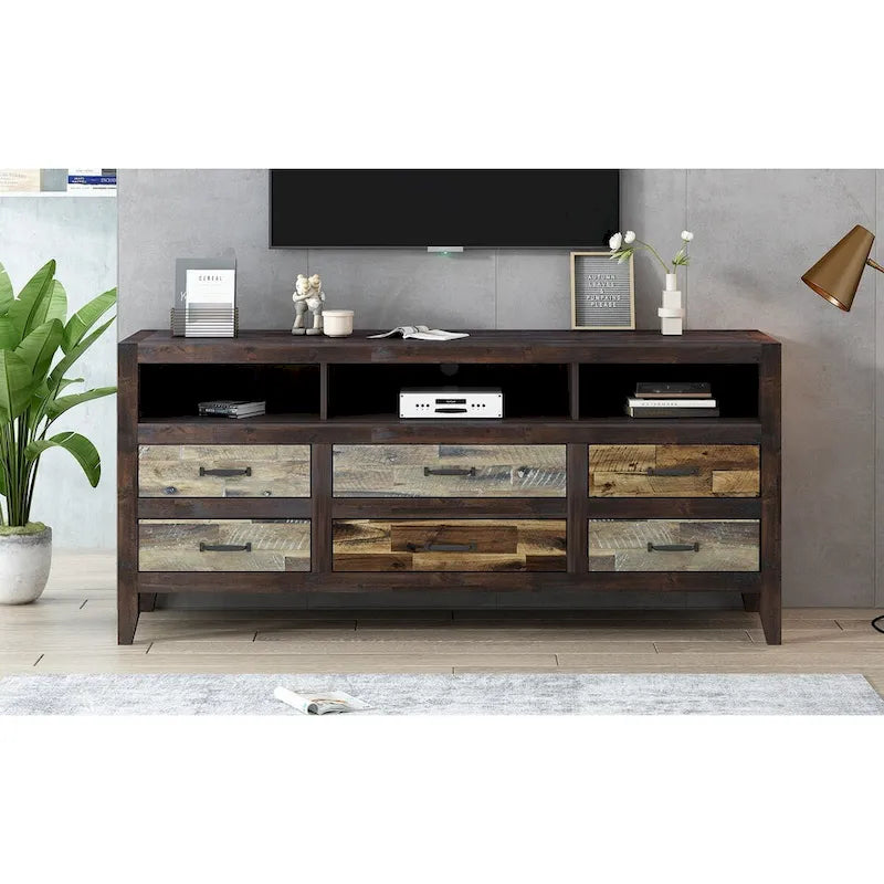 Retro Distressed Wooden TV Stand for TVs up to 65 Inches, Entertainment Center Media Console with 6 Drawers and 3 Shelves
