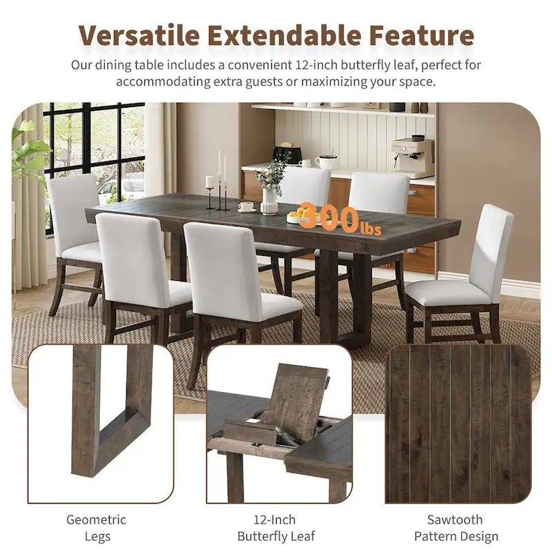 7-Piece 72  Extendable Dining Table Set w/ Butterfly Leaf and 6 Chairs