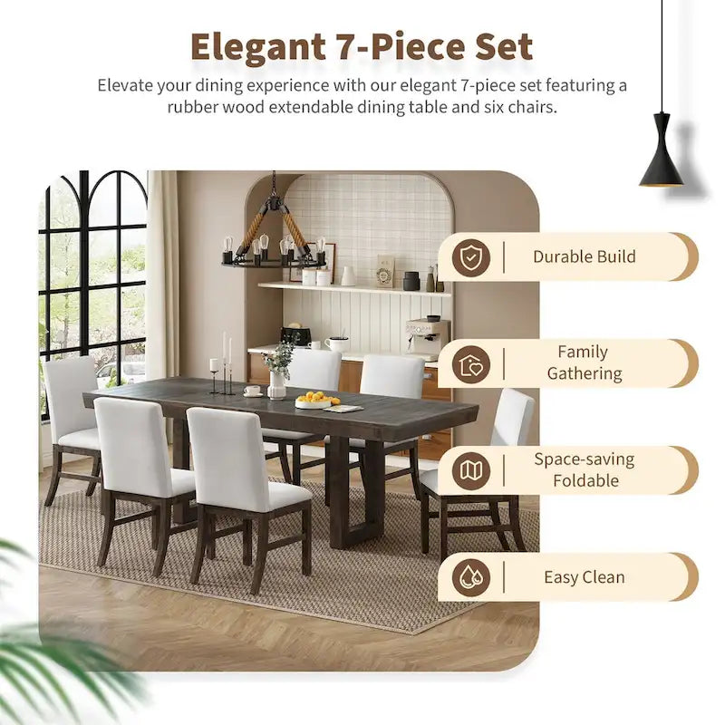 7-Piece 72  Extendable Dining Table Set w/ Butterfly Leaf and 6 Chairs