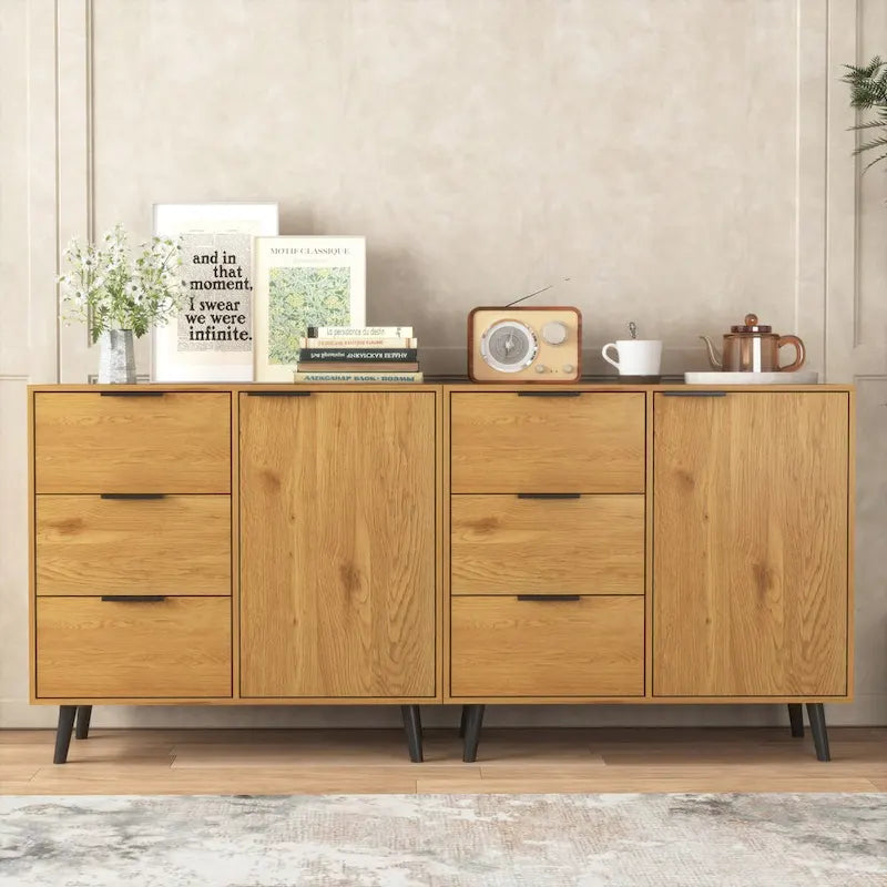 Storage Cabinet with 3 Drawers & Adjustable Shelf, Mid Century Cabinet with Door, Accent Cabinet, Natural Wood Color