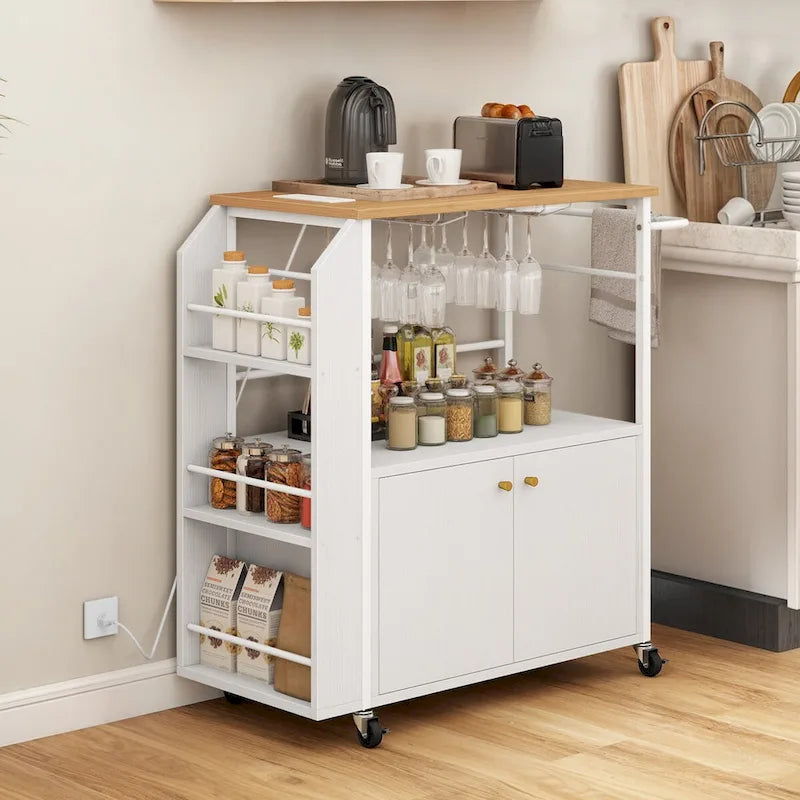 Rolling Kitchen Island Cart With Storage Shelf and Power Outlet