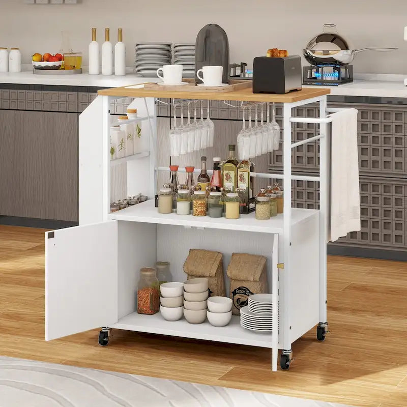 Rolling Kitchen Island Cart With Storage Shelf and Power Outlet