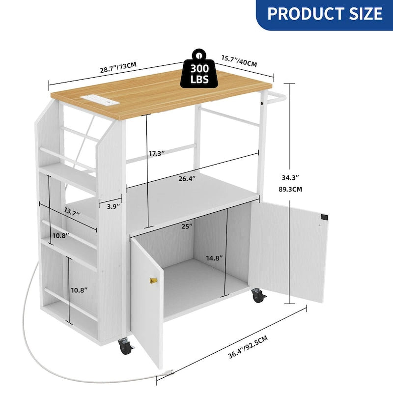Rolling Kitchen Island Cart With Storage Shelf and Power Outlet