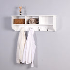 White Entryway Wall Mounted Coat Rack with 4 Dual Hooks Living Room Wooden Storage Shelf